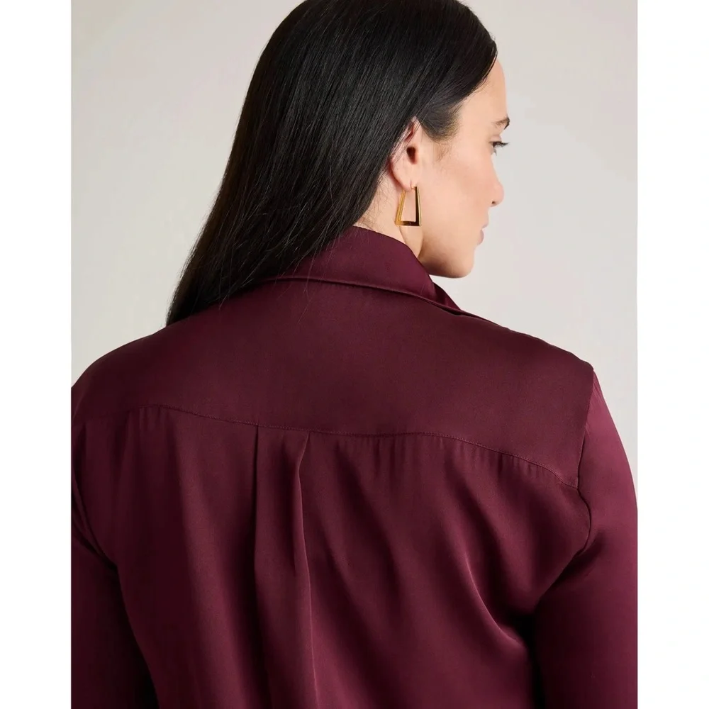 Quince Washable Stretch Silk Notch Collar Button Front Blouse Wine Tasting Red - Picture 6 of 13